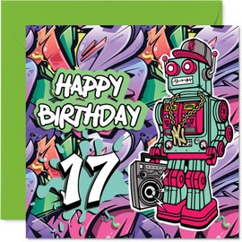 17th Birthday Cards for Boys - Wicked Graffiti Robot - Happy Birthday Card for 17 Year Old Boy Step Son Grandson Son Nephew, 145mm Bday Greeting Cards