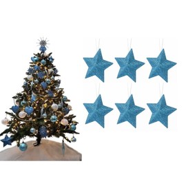 Pack of 6-8cm 3D Glitter Star Baubles Christmas Tree Decorations (Ice Blue)