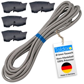 Toldoro® Rope 5 m and diameter 6 mm grey including 4 rope clamps, awning rope made of polyester, rope with tensile load of 800 kg and breaking load 1050 daN, awning pulley