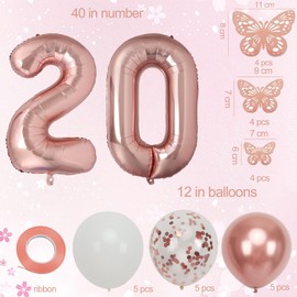 20th Birthday Decorations Girl with Butterfly Decor and Rose Gold Balloons, Rose Gold 20th Birthday Girl Party Decorations with 40 in Number Balloons