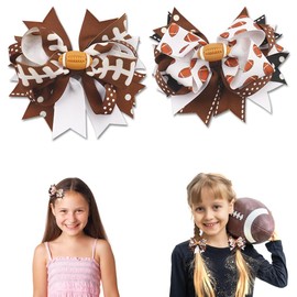 2 Pack American Football Hair Bows Clips Football Bowknot Hair Clips Boutique Brown Dots Ribbon Hair Pins Accessories for Girls Women Super Bowl Party Sports Game Costume Hair Accessories Supplies