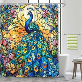 Peacock Shower Curtain,Boho Vibrant Stained Glass Design and Floral Fabric Shower Curtains Set for Bathroom Decorative,Colorful Vintage Restroom Decor Accessories with 12PCS Hooks,69X70 in