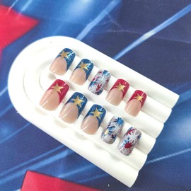 4th of July Press on Nails Medium Square Fake Nails with Gold Star Glitter Designs Blue French Tip Nails Press ons Glossy Glue on Nails Independence Day False Nails Red Sitck on Nails for Women 24Pcs