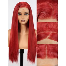 topshe Red Lace Front Wigs for Women,13x4 HD Lace Long Straight Heat Resistant Synthetic Wig with Pre Plucked Natural Hairline Cosplay or Party Use 24 Inch