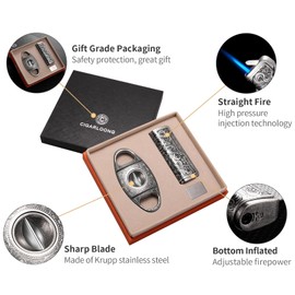 CIGARLOONG Cigar Cutter and Lighter Set Sharpening Blade V Cut and Retro Carved Lighter(Silver1)