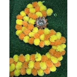 Gavya Orange and Yellow Artificial Marigold Flowers 5 String Indian Wedding Decorations Garlands Party Decorations Genda phool mala 5 Feet Long, for Parties, Diwali, Indian Festival Multi (Pack of 5)