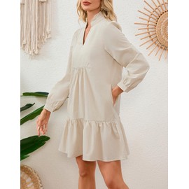 Ladyful Puff Long Sleeve Dress for Women Casual Cotton Ruffle V Neck Tiered Flowy Shift Dress Loose Mini Dresses with Pockets Beige