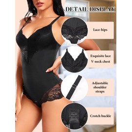 Niwicee Women Shapewear Bodysuit Tummy Control Full Body Shaper Seamless Sculpting Adjustable Straps V Neck Lace Shaping Leotard Tops Waist Trainer Vest(Black,S)