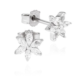 NKlaus Pair of Flower Stud Earrings Zirconia White 925 Silver High Gloss or 333 Yellow Gold 7 x 7 mm Women's Earrings, Sterling Silver