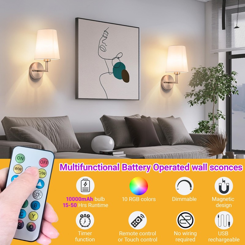 Battery Operated Wall Sconces Set Of Two, 10000mAh Rechargeable Wireless