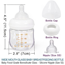 Matyz 1-Pack Glass Baby Breastfeeding Bottle with Cap (White, 4Oz) - Wide Neck New Born Bottles for Baby Breastfeeding Bottles for Newborn Babies Glass 4 Oz Glass Breastmilk Baby Bottles 0-3 Months