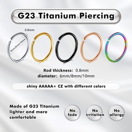 ESHIONER G23 Titanium Nose Piercing Nose Ring Hoop Set Cartilage Rings Thin Small Septum Helix Rings Hypoallergenic 18G 20G 6 mm / 8 mm / 10 mm Black Gold Silver 3 Pieces Cartilage Earring Nose