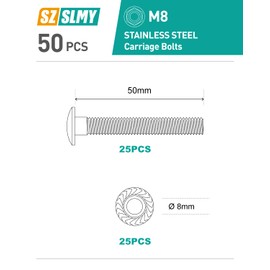50 Pcs M8 Coach Bolts, M8 x 50mm Cup Square Carriage Bolts and Nuts Set, Stainless Steel Coach Screws with Hexagon Flange Nuts
