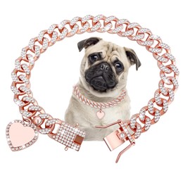 Cuban Dog Chain with Pet ID Tag, Bling Crystal Choke Collar Dog Metal Training Chain Walking Necklace for Small Medium Large Dogs Cats