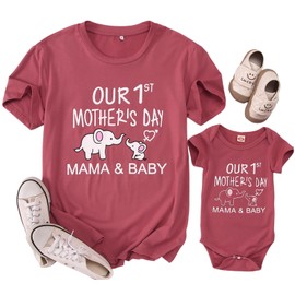 AG AGUU Our First Mothers Day Matching Outfit Mommy and Me Newborn Baby Boys Girls Romper Onesie New Mom Shirts for Women(Baby-Bean Pink-B,3-6M)