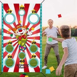 Yunchu Online Circus Party Throwing Game Carnival Games Circus Throwing Game Banner with 4 Bean Pockets Circus Birthday Decoration Banner for Carnival Price Games Group Sports