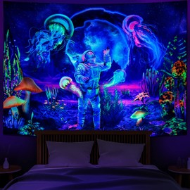 Heopapin Blacklight Astronaut Tapestry UV Reactive Plants Jellyfish Wall Tapestry Neon Galaxy Space Tapestries Wall Hanging for Room W59×H51