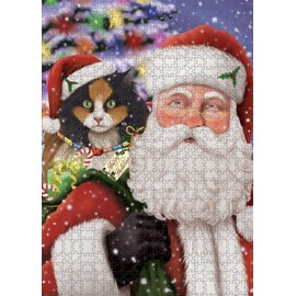 Christmas Santa with Presents and Calico Cat Jigsaw Puzzle for Adults - Animal Printed Interlocking Puzzle Game Artwork - Gift for Dog Lover's - 1000 Pcs 11"x14", PZLE56326
