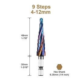 SALI HSS Step Drill [Φ4-12 mm, 9 Steps] Four Spiral Grooves Step Drill, Sharp Taper Drill Bit for Metal, Stainless Steel, Plastic, Wood (HSS Co)