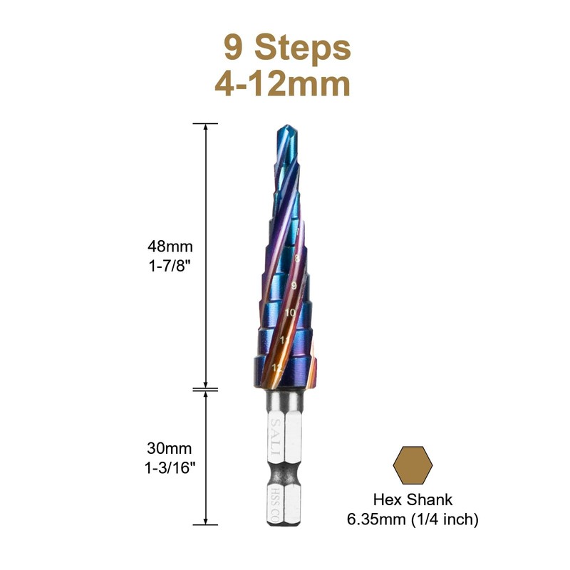SALI HSS Step Drill [Φ4-12 mm, 9 Steps] Four Spiral