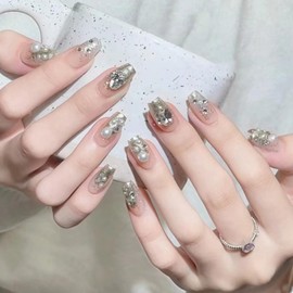 Silver French Press on Nails Long Pearl Nails Artificial Acrylic Nails Ballet Shaped False Nails Glitter Diamond Design Fake Nails 24Pcs Full Cover Glossy Reusable Coffin Nails Glue on Nails for Women