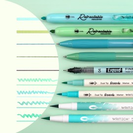 Writech Journaling Kit, Gel Ink Pens/Retractable Highlighters/Dual Tip Brush Pens/Fineliner Pens, Smooth Writing Assorted Colors Journaling Supplies, 9 Count with Pen Bag (Vitality blue & green)