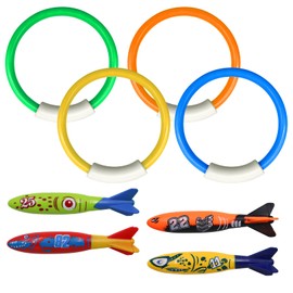 MIPIACE 8 Piece Diving Toy for Children Underwater Torpedo Diving Toy Set Diving Rings for Children Swimming Pool Toy for Diving Training Underwater Game Summer Pool Toy for Boys Girls