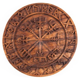 Windalf Nordic Wooden Picture VEGVISIR Diameter 23 cm Viking Compass with Futhark Wall Ornament Wall Relief Nordic Mythology Handmade from Wood
