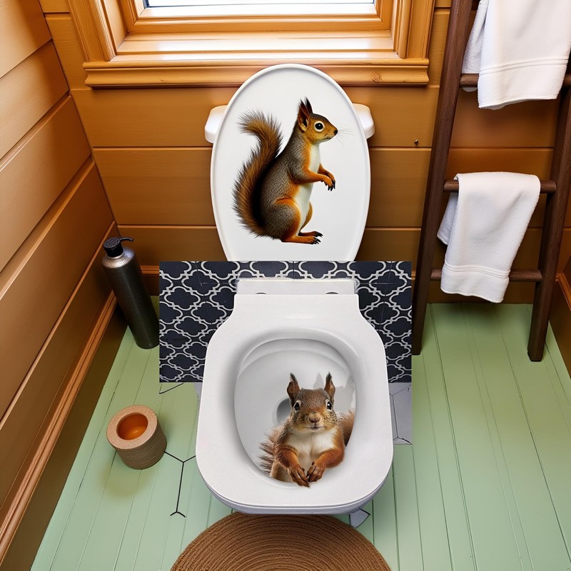 3D Squirrel Toilet Lid Decal, Brown Botanical Sticker, Waterproof Vinyl,