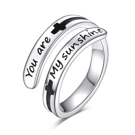 URONE Faith Cross Rings Adjustable Sterling Silver Faith Over Fear Cross Rings Christian Religious Jewelry Gifts For Women Men (you are my sunshine ring)