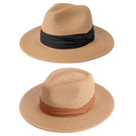 DRESHOW Women Straw Panama Hat Travel Fedora Beach Sun Hat Summer Wide Brim Straw Roll up Hat UPF 50+