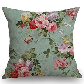 Swono Beautiful Flower Decorative Cotton Linen Throw Waist Pillow Case Cushion Cover Floral Pillowcase 18x18 Inches