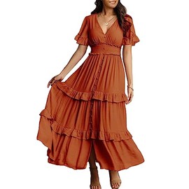 Amegoya Women's Summer Boho Tiered Maxi Dress V Neck Smocked Hight Waist Long Flowy Dress (Burnt Orange S)