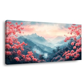 Pink Mountain Wall Art for Living Room Office Beautiful Floral Flower Painting Prints Mountain Flowers Landscape Canvas Artwork Girls Bedroom Decor Ready to Hang (16x32 Inches)