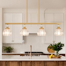 Rainzepher Gold Island Light for Kitchen, 4-Light Linear Chandelier for Kitchen Island with Tulip Glass Shades, Brushed Gold Finish Hanging Light Pendant Fixture Over Dining Table