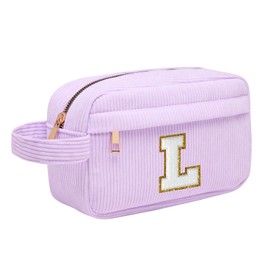 Initial Makeup Bag, Corduroy Cosmetic Bag, Travel Toiletry Bag with Metal Zip, Portable Makeup Bag for Women, Organiser, Christmas Birthday Gifts for Women, Girls, Pink, purple, L