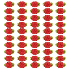 PATIKIL 15mm Tiny Satin Ribbon Rose, 250 Pcs Fabric Flowers Embellishments Rosettes Applique with Green Leaves for DIY Crafts Wedding Decor, Red