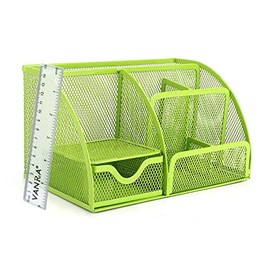 VANRA Office Supply Caddy Mesh Desk Organizer School Supply Holder 6 Compartments with Drawer (Green)