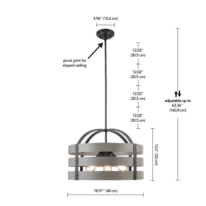 Globe Electric 60803 Maddox 3-Light Chandelier, Matte Black, Faux Wood