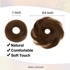 Isheeny Messy Bun Hair Piece 2PCS 100% Real Human Hair Tousled Updo Extension Natural Curly Messy Bun, Elastic Band Hair Bun HairPiece Ponytail Extensions for Children Dark Brown