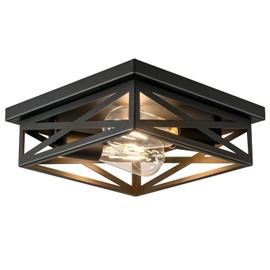 Eidonta Farmhouse 2-Light Semi Flush Mount Ceiling Light Fixture, Modern Metal Cage Black Square Close to Ceiling Lamp, E26 Base Chandelier Ceiling Mount, Pendant Lighting for Hallway Kitchen Bedroom
