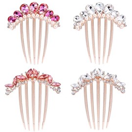 Glitter Sparkly Jeweled Gems Crystal Rhinestones Pearl Metal Hair Side Combs with Long Teeth Bun Slides Hairpins Barrettes Hair Clips Bridal Prom Wedding Accessories for Women Brides (4 Pack)