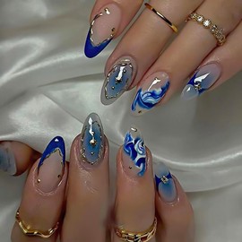 RUOKEXIN Almond Press on Nails Medium Fake Nails Blue Ombre False Nails with Designs Full Cover Glue on Nails Press ons Sparkly Acrylic Artificial Nails Cute Stick on Nails for Women 24Pcs