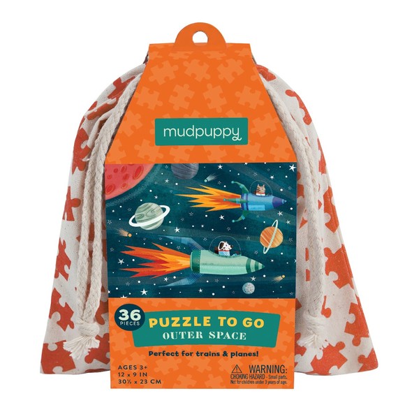 Mudpuppy Outer Space Puzzle to Go, 36 Pieces, 12”x9” – Great for Kids Age 3+ - Colorful Illustrations of Rockets in Space – Packaged in Travel-Friendly Drawstring Fabric Pouch – Perfect for Planes