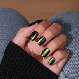 KQueenest Neon Green Cat Eye Press on Nails Short Coffin, Bling Black Short False Nails with Glue, Glazed Sparkly Fake Nails Press ons, Reusable Soft Gel Stick on Nail for Women Prom, 30 Pcs