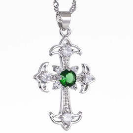 RIZILIA Cross Pendant with 18" Chain & Round Cut CZ [Simulated Green Emerald] in White Gold Plated, Simple Modern Elegant