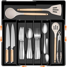 Spaclear Silverware Organizer - Expandable Kitchen Drawer Organizer, Adjustable Silverware Drawer Organizer, Plastic Cutlery Tray for Forks, Knives, Kitchen Drawer Organizers and Storage, Black