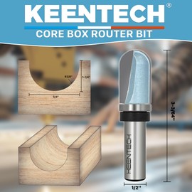 KEENTECH Router Bits, Core Box Bit with Bearing on Shank for Edge Forming, Industrial Grade Long Blade Round Nose Bits for Woodwork (1/2 Inch Shank x 1-1/4 Inch Depth - R3/8 Inch Radius, KT050734114B)