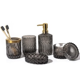 EMPO 6PCS Bathroom Clear Glass Accessories Set (Lotion Soap Dispenser, Soap Dish, Toothbrush Holder, Tumbler, Cotton Swab Jar) Contemporary Modern Decor Crystal Clear Vintage Gift (6pcs Gray)