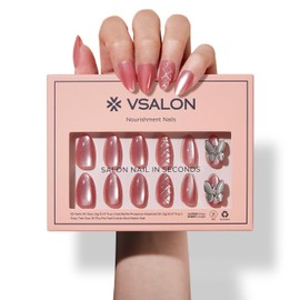 VSALON Short Almond Press-On Nails - Pink Cat Eye 3D Chrome Design, Reusable Fake Nails with Nail Glue, Protector Cuticle Oil, Easy Tabs & Mini Nail File - 32 PCS in 16 Sizes (Belle Ailes)